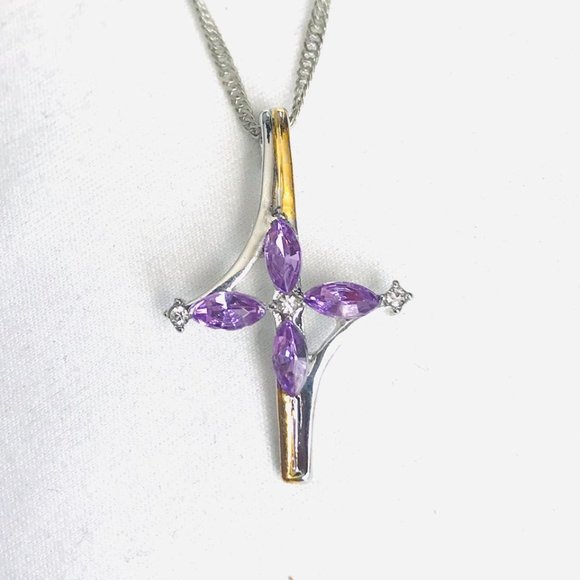 16-18" 2-Toned Cross w/Amethyst Marquise & CZ - Picture 5 of 5